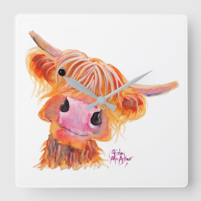 Scottish Highland Cow 'Nessie' Square Clock (Front)