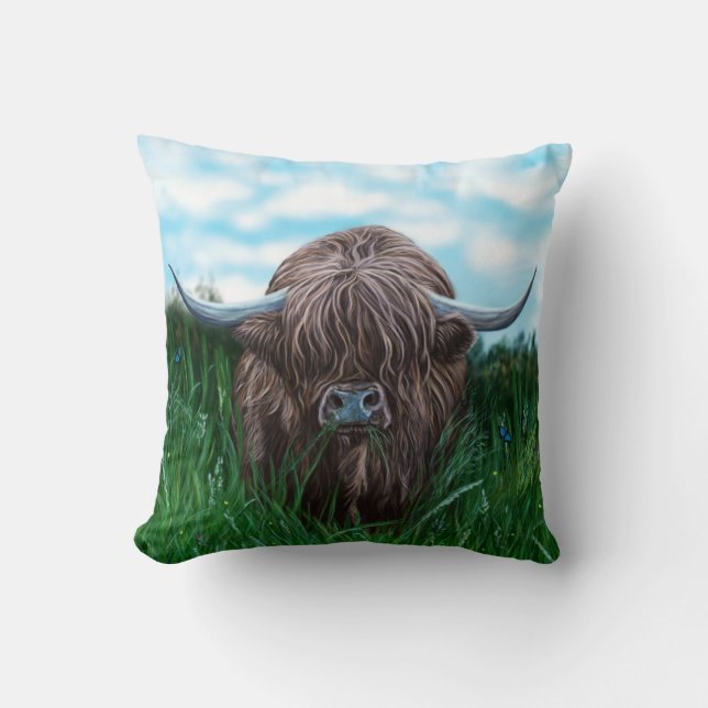 Scottish Highland Cow Painting Cushion (Front)