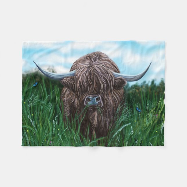 Scottish Highland Cow Painting Fleece Blanket (Front (Horizontal))