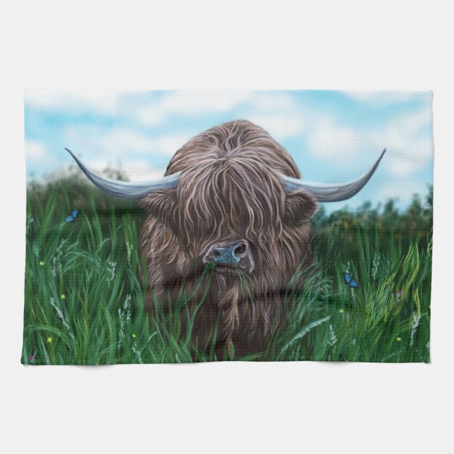 Scottish Highland Cow Painting Tea Towel (Horizontal)