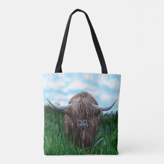 Scottish Highland Cow Painting Tote Bag (Back)