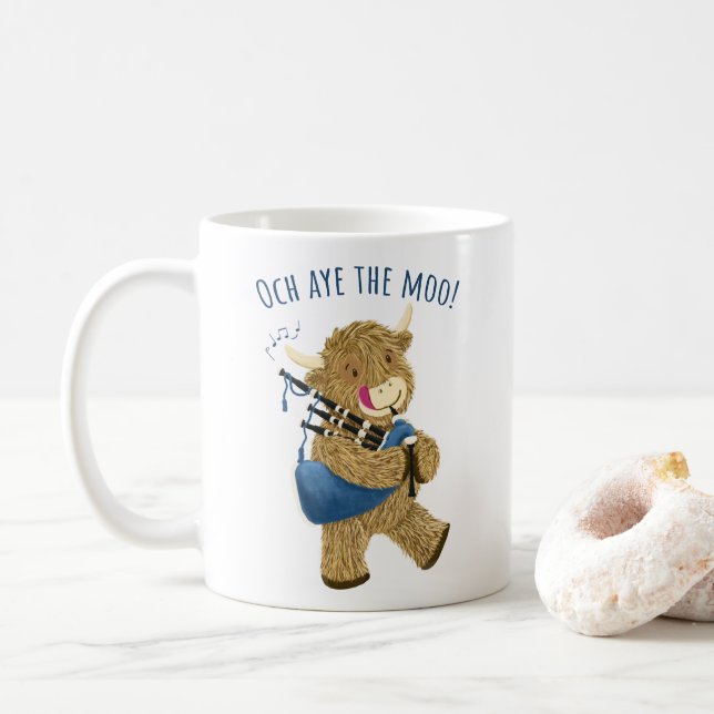 Scottish Highland Cow Piper Says Och Aye The Moo! Coffee Mug (With Donut)