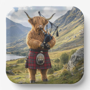 Scottish Highland Cow Playing the Bagpipes Paper Plate