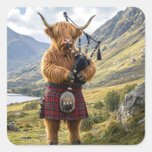 Scottish Highland Cow Playing the Bagpipes Square Sticker