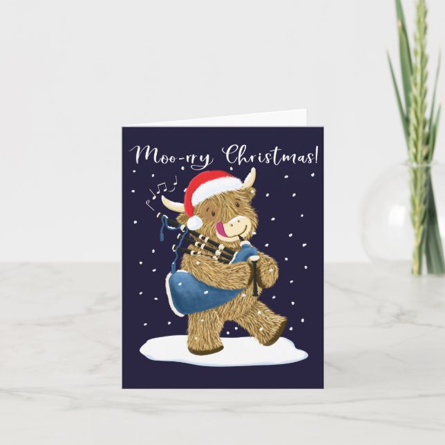 Scottish Highland Cow Plays Christmas Bagpipes Holiday Card (Front)