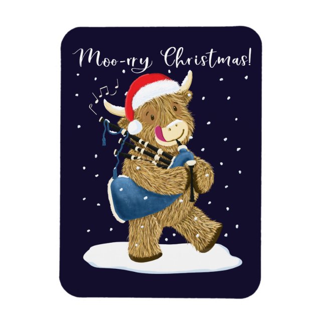 Scottish Highland Cow Plays Christmas Bagpipes Magnet (Vertical)