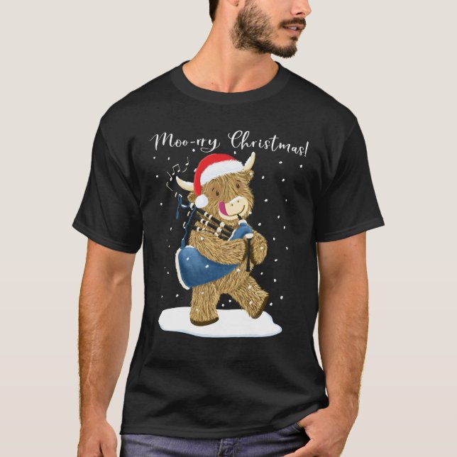 Scottish Highland Cow Plays Christmas Bagpipes T-Shirt (Front)
