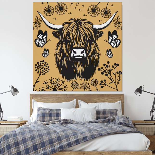 Scottish Highland Cow Portrait Canvas Print (Insitu(Bedroom))