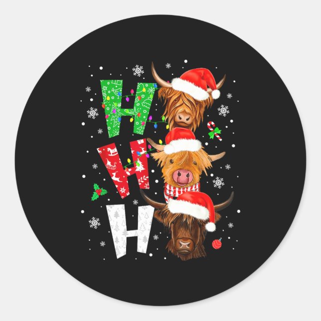 Scottish Highland Cow Print Ho Ho Ho Christmas Paj Classic Round Sticker (Front)