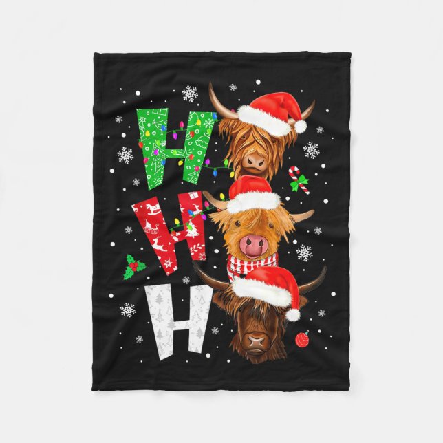 Scottish Highland Cow Print Ho Ho Ho Christmas Paj Fleece Blanket (Front)