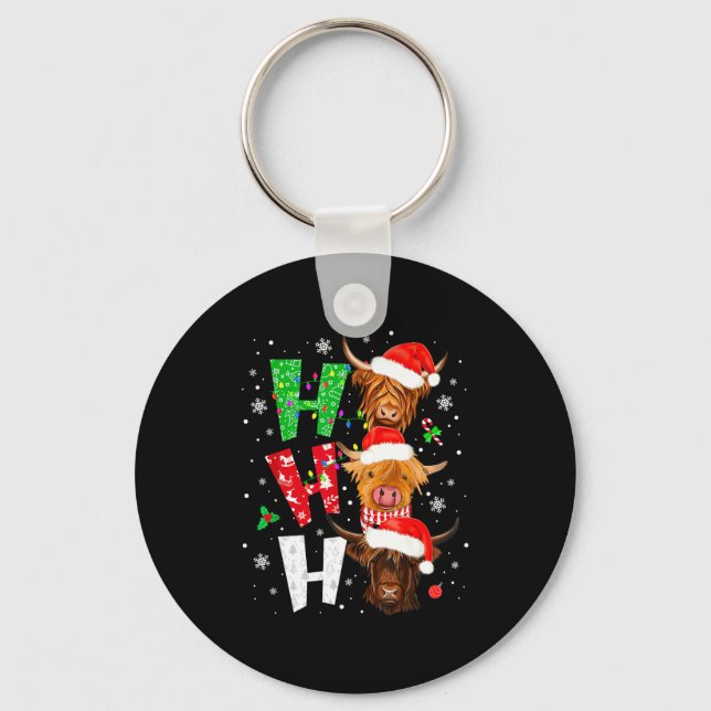 Scottish Highland Cow Print Ho Ho Ho Christmas Paj Key Ring (Front)