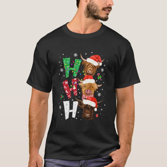 Scottish Highland Cow Print Ho Ho Ho Christmas Paj T-Shirt (Front)