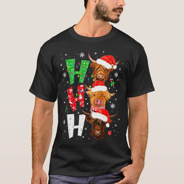 Scottish Highland Cow Print Ho Ho Ho Christmas Paj T-Shirt (Front)