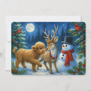 Scottish Highland Cow Reindeer & Snowman Christmas Holiday Card