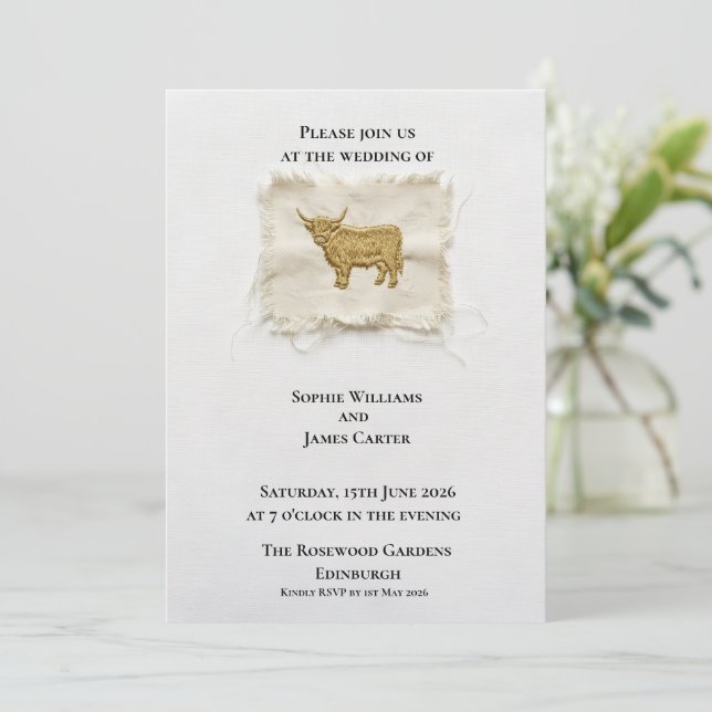 Scottish Highland Cow Rustic Linen Wedding Invitation (Standing Front)