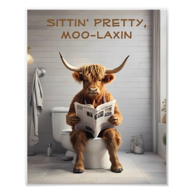 Scottish Highland Cow Sitting on the Toilet Funny  Photo Print (Front)