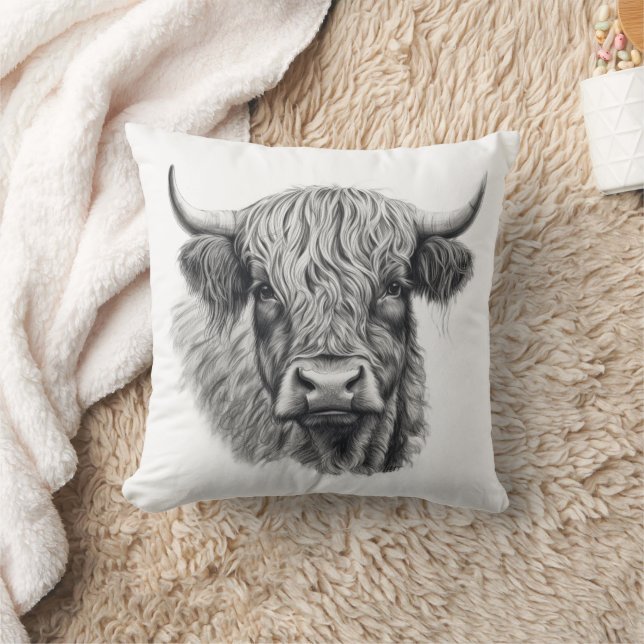 Scottish Highland Cow Sketch Cushion (Blanket)