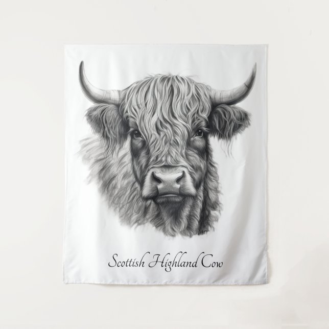 Scottish Highland Cow Sketch customisable Tapestry (Front)