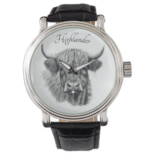 Scottish Highland Cow Sketch customisable Watch