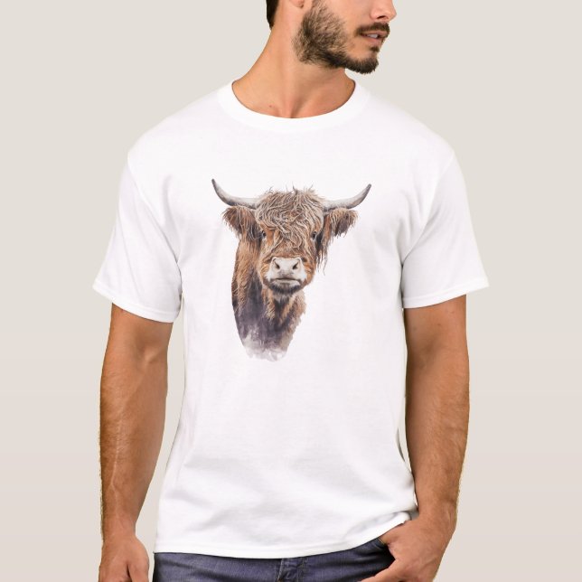 Scottish Highland Cow Watercolor Painting Portrait T-Shirt (Front)
