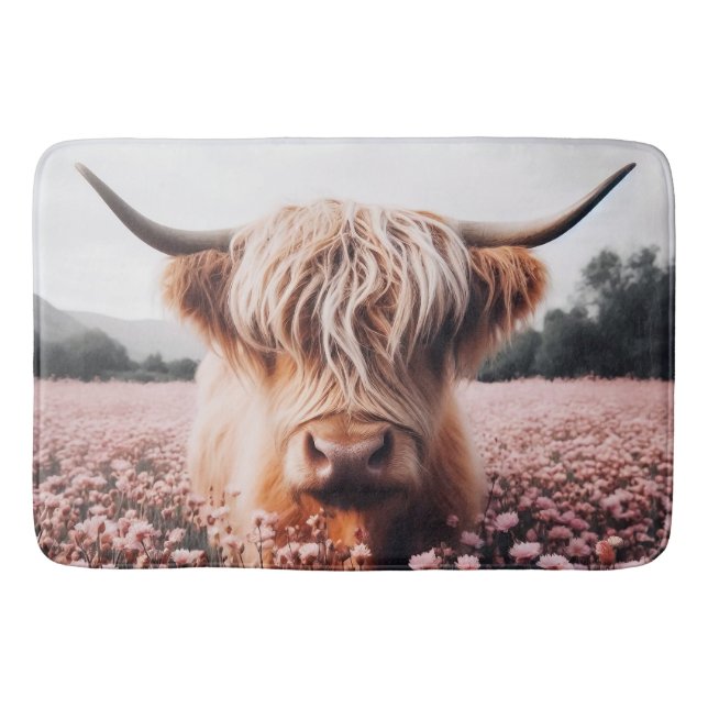 Scottish Highland Cow Wildflower Field Bath Mat (Front)