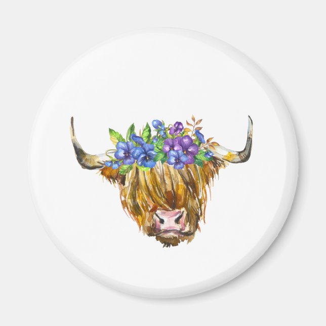 Scottish Highland Cow with Flowers Watercolor  Magnet (Front)