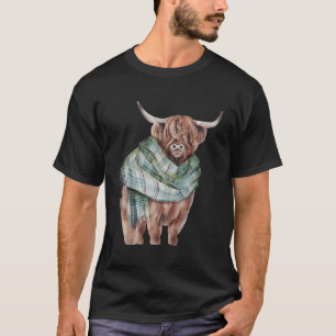 Scottish Highland Cow With Green Plaid Scarf Heife T-Shirt