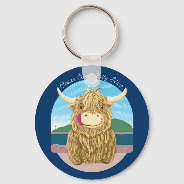 Scottish Highland Cow With Ocean Salty Hair Key Ring (Front)