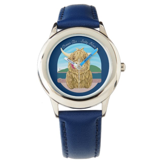 Scottish Highland Cow With Ocean Salty Hair Watch (Front)