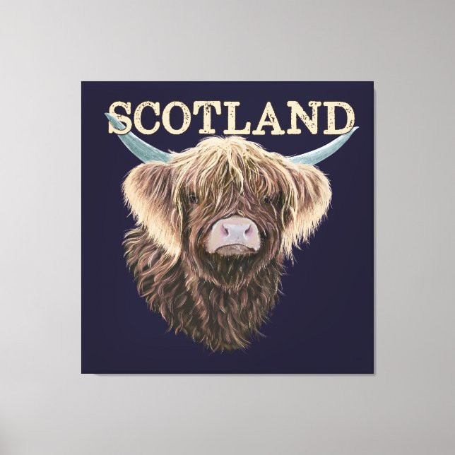Scottish Highland Cow With Scotland Slogan Canvas Print (Front)