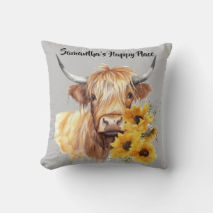 Scottish Highland Cow with Sunflowers. Editable Cushion