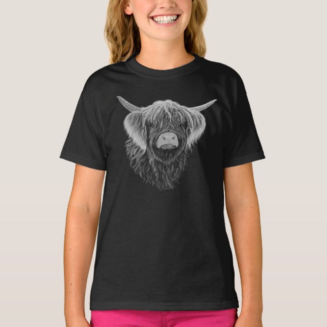 Scottish Highland Cow With Windswept Hair T-Shirt (Front)