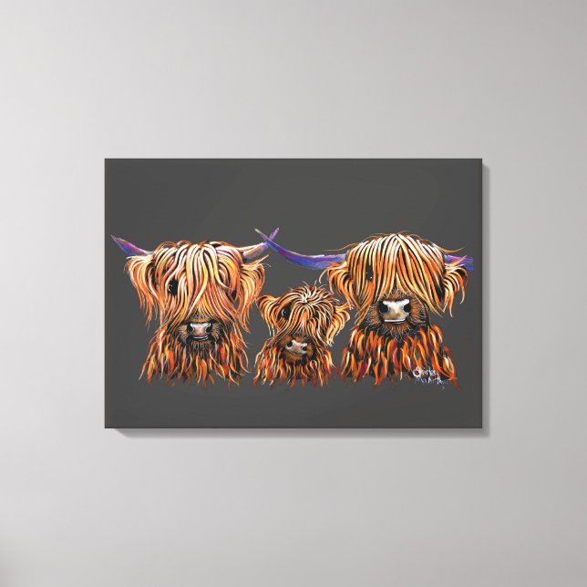 Scottish Highland Cows ' The Tangerines on Grey ' Canvas Print (Front)
