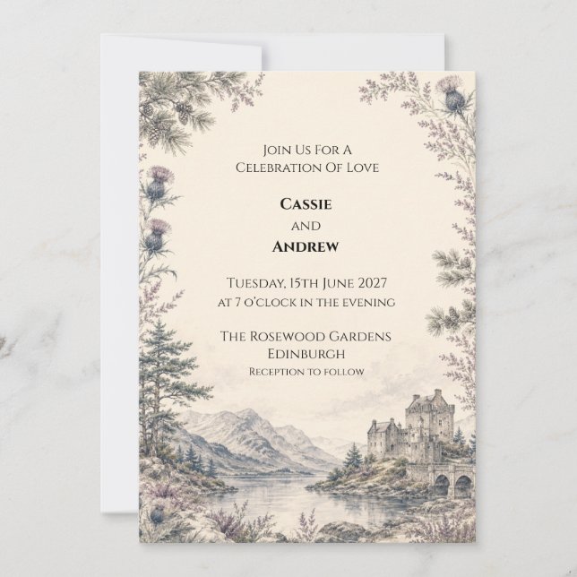 Scottish Highland Loch Thistle Wedding Invitation (Front)