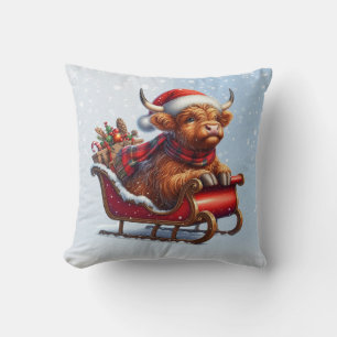 Scottish highland Santa cow in sled Cushion