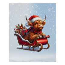 Scottish highland Santa cow in sled