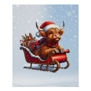 Scottish highland Santa cow in sled Poster