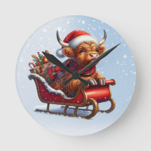 Scottish highland Santa cow in sled Round Clock