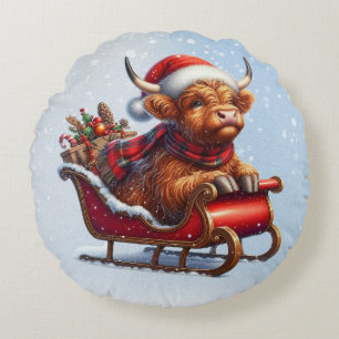 Scottish highland Santa cow in sled Round Cushion