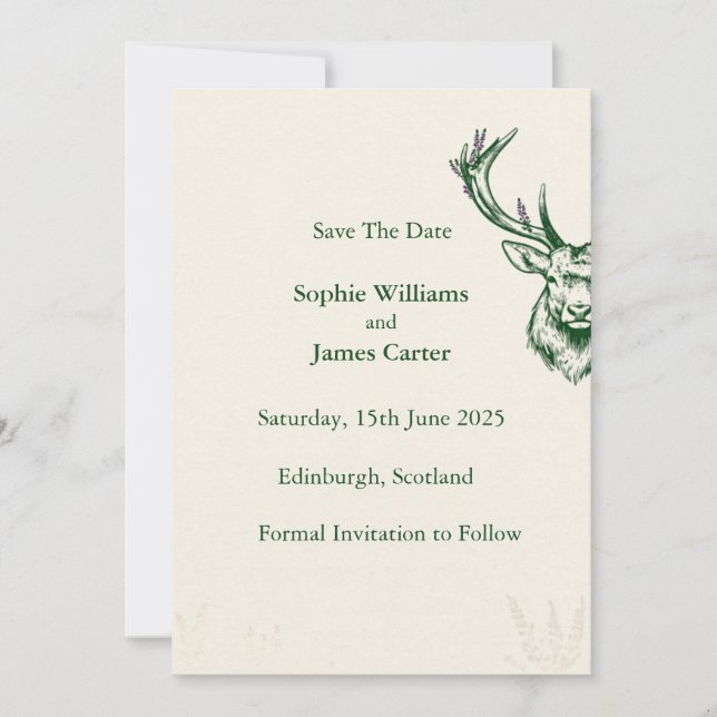 Scottish Highland Stag Cream Wedding Save the Date (Front)
