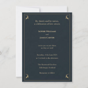 Scottish Highland Stag Navy Gold Heraldic Wedding Invitation