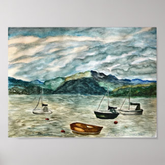 Scottish Highland Waterscape with Boats by Shira B Poster