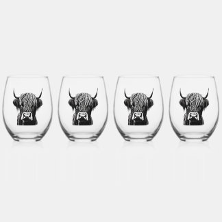 Scottish Highlander Cow Stemless Wine Glasses