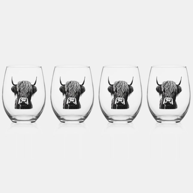 Scottish Highlander Cow Stemless Wine Glasses (Front)