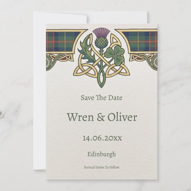Scottish Irish Shamrock Thistle Save the Date Card (Front)