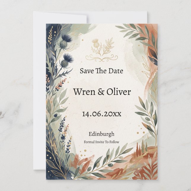 Scottish Italian Botanical Save The Date Card (Front)