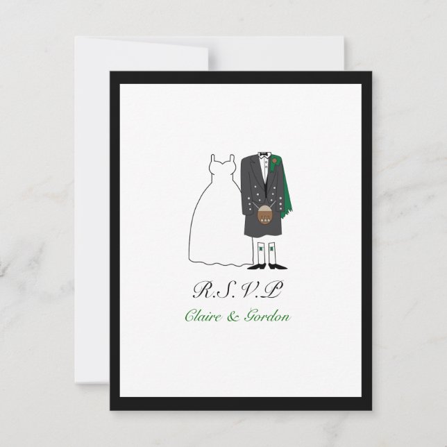 Scottish Kilt Bride & Groom Wedding RSVP -green (Front)