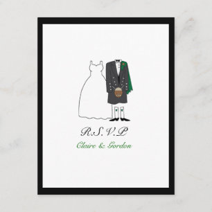 Scottish Kilt Bride & Groom Wedding RSVP -green Card