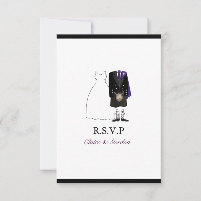 Scottish Kilt Bride & Groom Wedding RSVP -purple (Front)