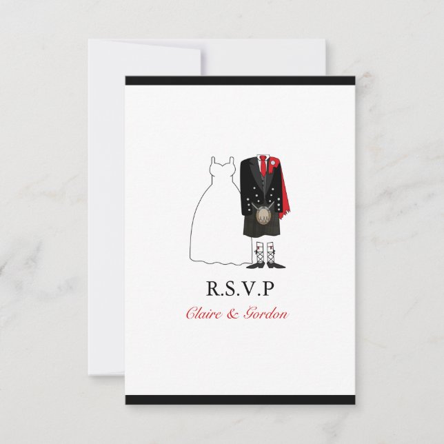 Scottish Kilt Bride & Groom Wedding RSVP - red (Front)